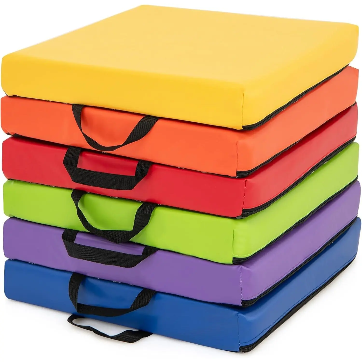 6 Pcs 16'' Floor Cushions for Kids, Classroom Flexible Seating with Handles, Waterproof PU Cover with Non-Slip Base, 2.5” Thick Floor Pillows for Daycare Preschool Home (Colorful, Square)