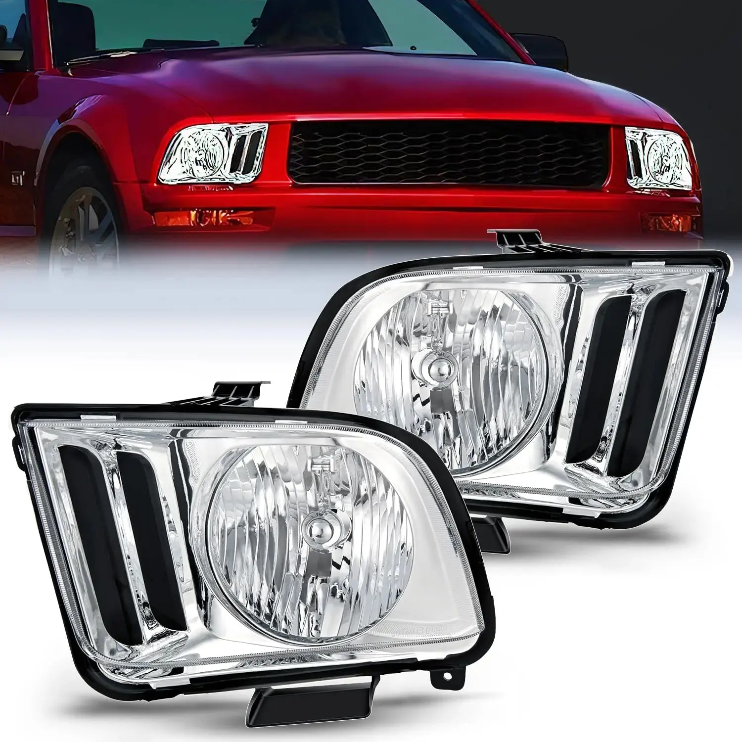 Nilight 2005 2006 2007 2008 2009 Ford Mustang Headlight Assembly Chrome Housing Clear Reflector Upgraded Clear Lens