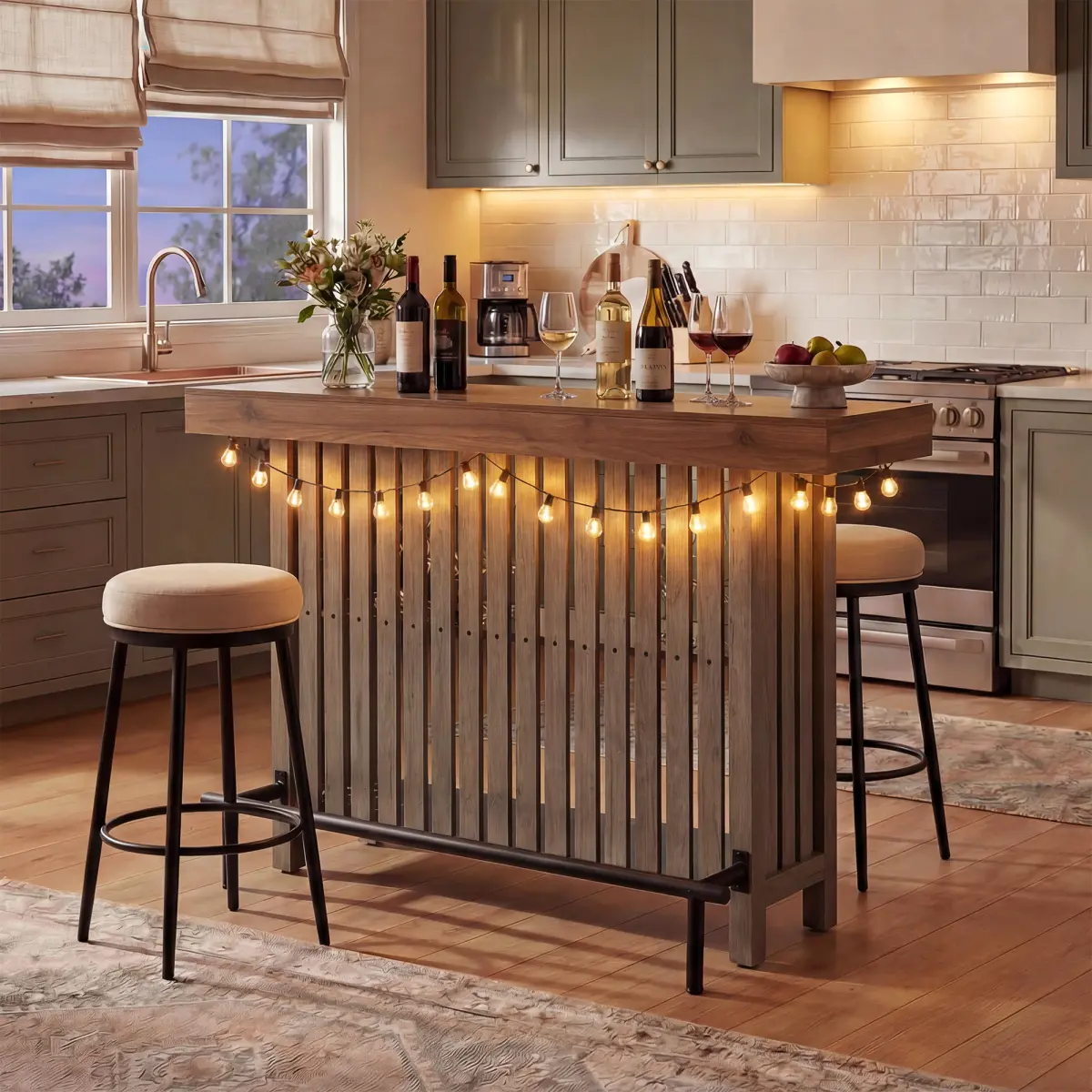 3-in-1 Sideboard Table, Counter Height Table & Bar Table with Wine Storage,Modern Top Wine Cabinet Table with Footrest and 2-Tier Wine Rack, Suitable for Dining Room, Kitchen & Home Bar.
