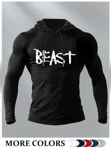 Men's Long Sleeve Hooded Workout Shirt, Beast Motivational Letter Print, Muscle Fit Gym Streetwear Pullover, Casual Training Top for Men
