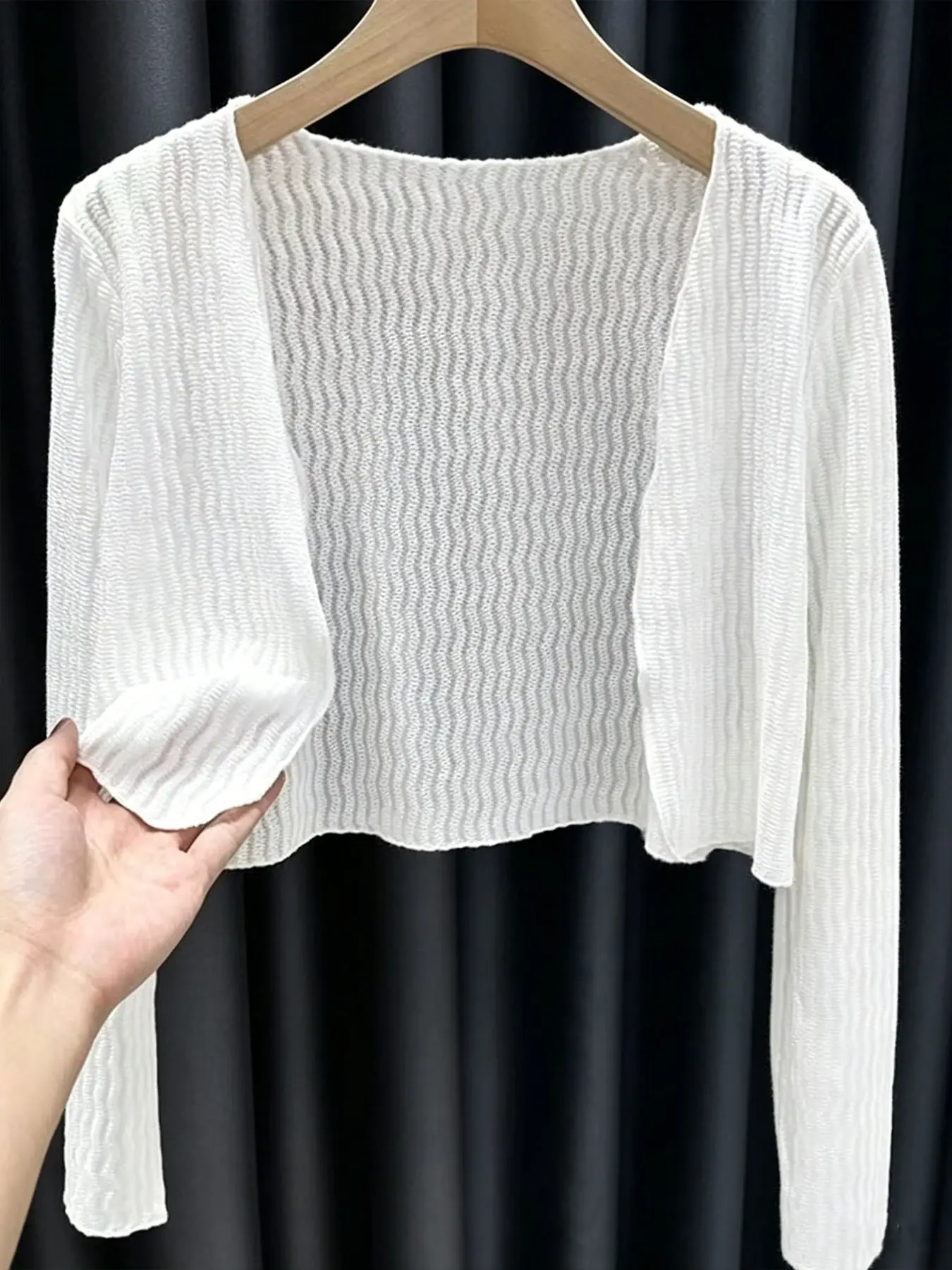 Ice Silk Mesh Cardigan for Women, Summer Long Sleeve Sun Protection Wrap, Casual Solid Pattern Outerwear, Lightweight Lace Shoulder Coat