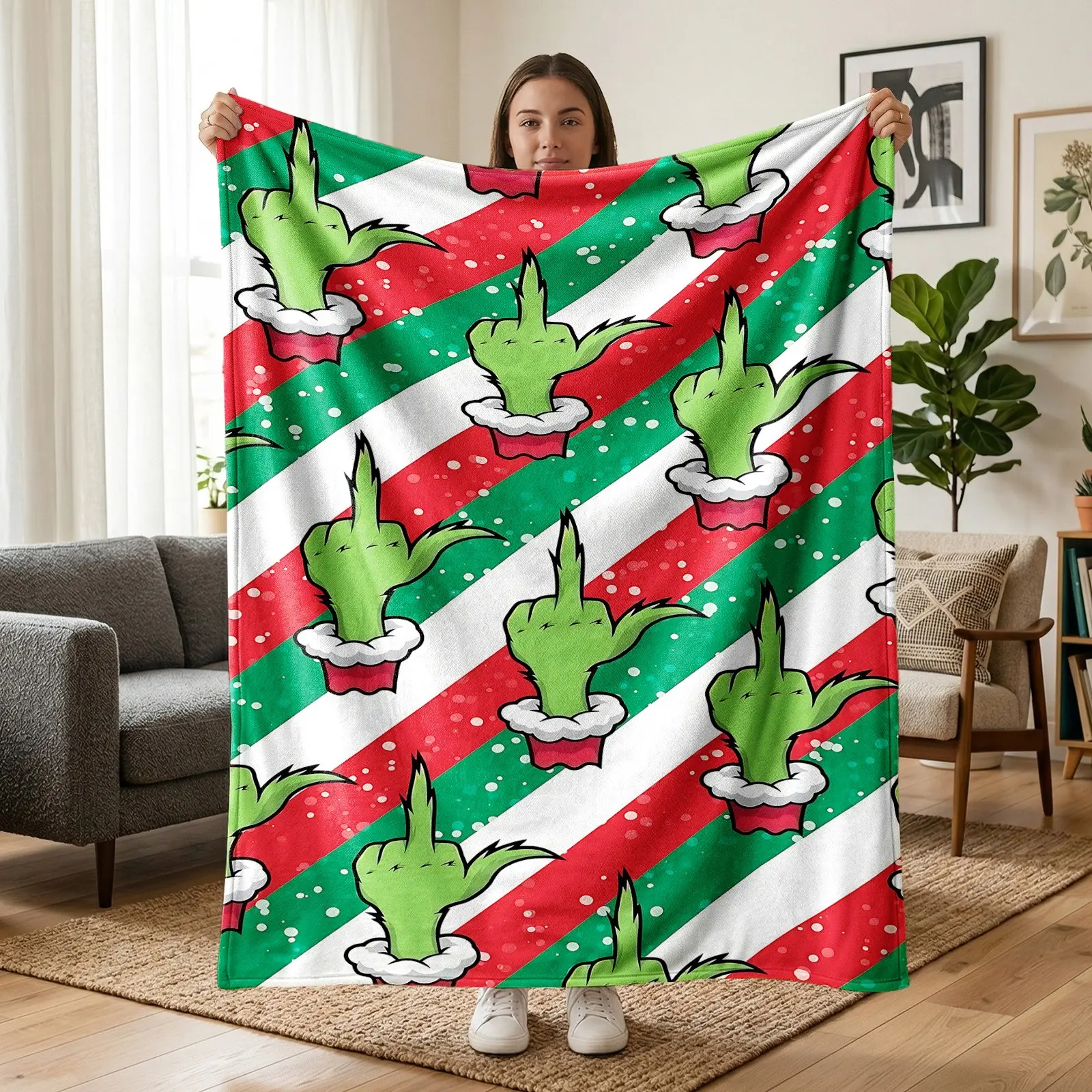 1pc Funny Grinch Middle Finger Christmas Striped Fleece Blanket, Red Green White Diagonal Stripe Sassy Xmas Hand Seamless Print, Soft Warm Nap Throw Blanket For Sofa Bed Office Camping, Ideal Christmas Holiday Gift