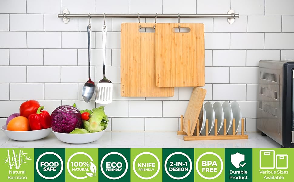 Freshware Bamboo Cutting Board Set of 3, Wooden Cutting Boards for Kitchen, Knife Friendly Food Grade Chopping Board, Lightweight with Hanging Hole for Easy Storage