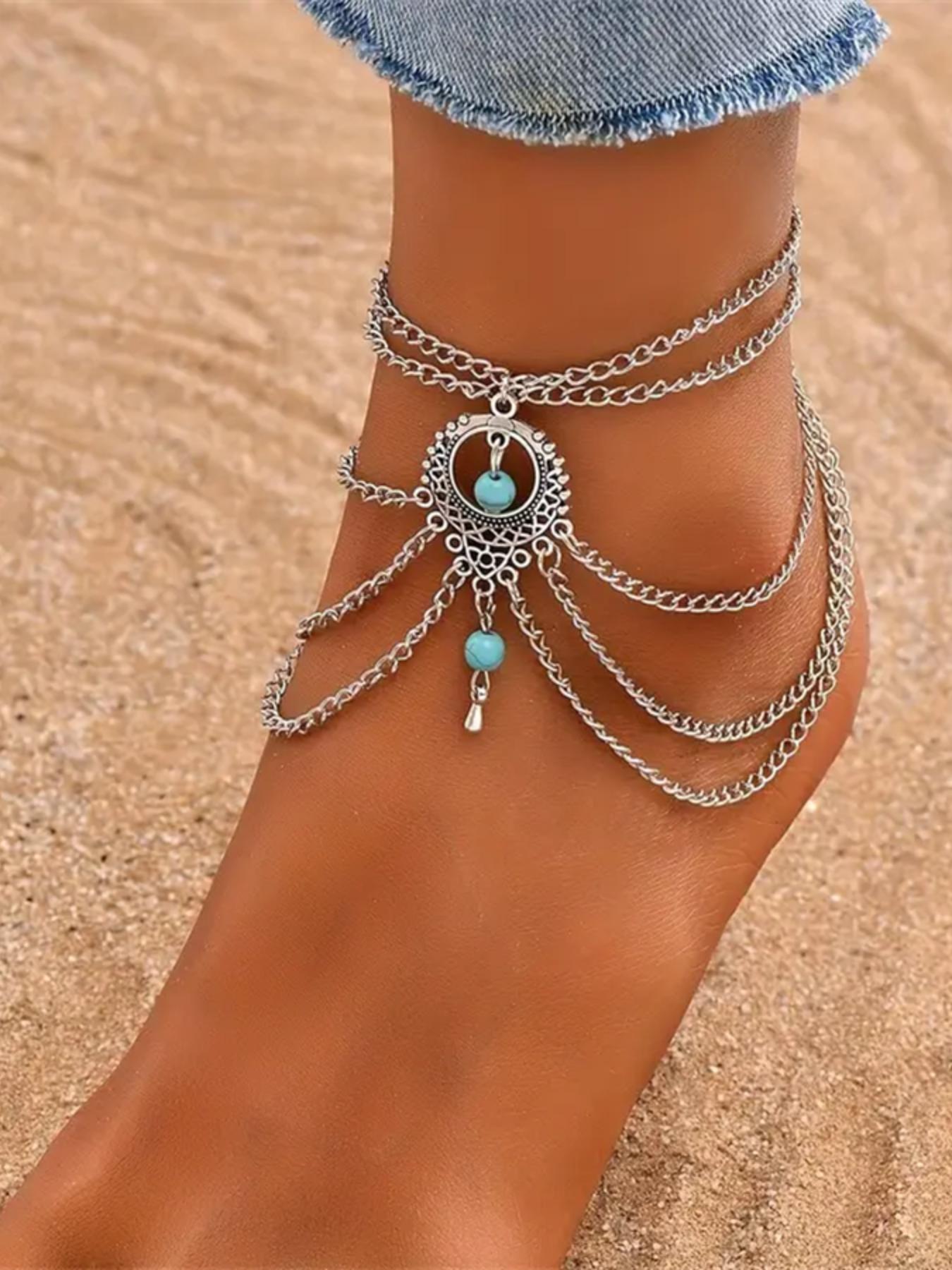 Boho Style Turquoise Beaded Decor Multi-layered Adjustable Strap Anklet, Dainty Layered Anklet, Trendy Fashionable Accessories, Trendy All-match & Exquisite Pendant Jewelry Accessories for Women & Girls for Party & Daily Cloth Decor, Chains Jewellery