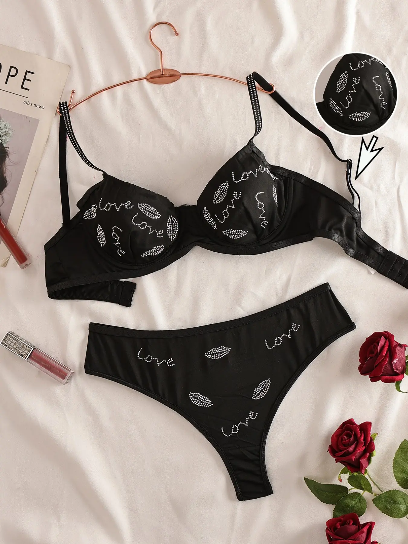 Satin Rhinestone Lingerie Underwear Set, Sparkly Love Lips Pattern, Underwire Bra & Thong, Adjustable Shiny Straps, Women's Daily Wear