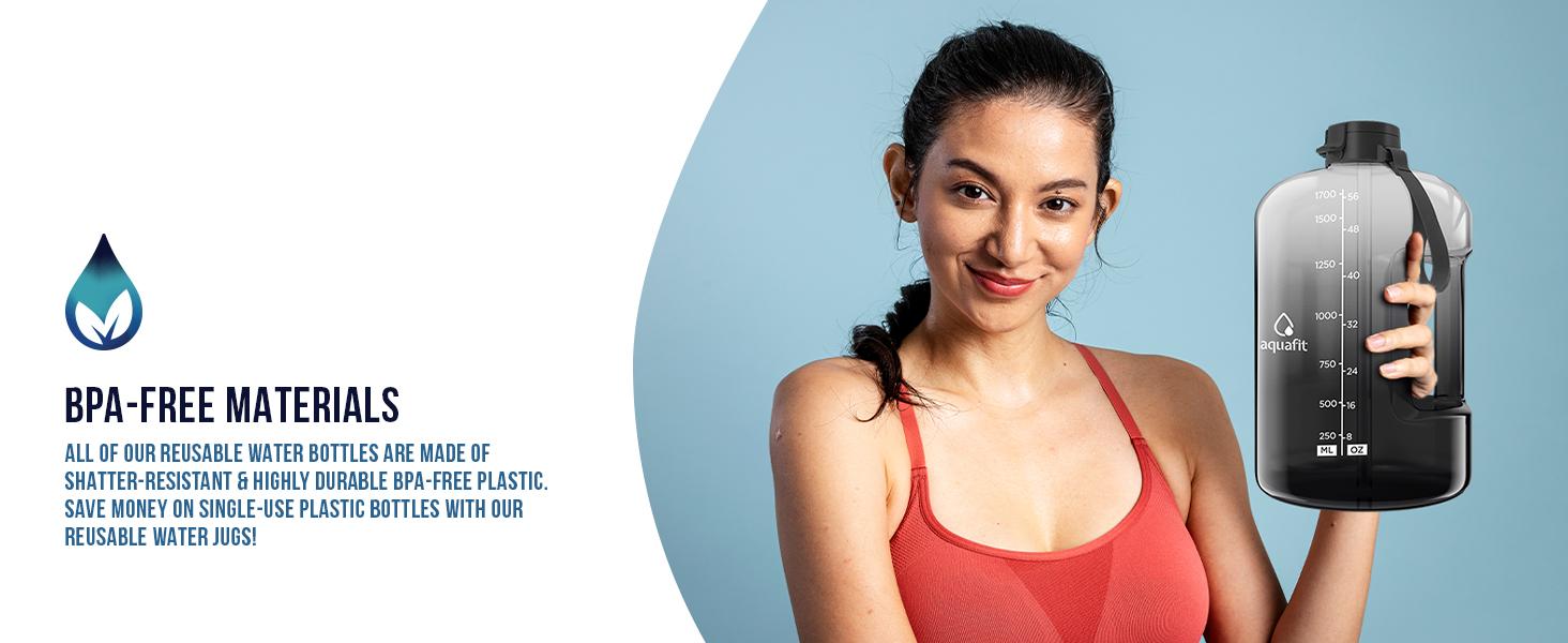 AGS AQUAFIT 64 oz Water Bottle with Time Marker - Straw & Chug Lid - BPA Free Half Gallon Gym Water Bottle with Handle - Big Gallon Jug (Gray, 64 Ounces)