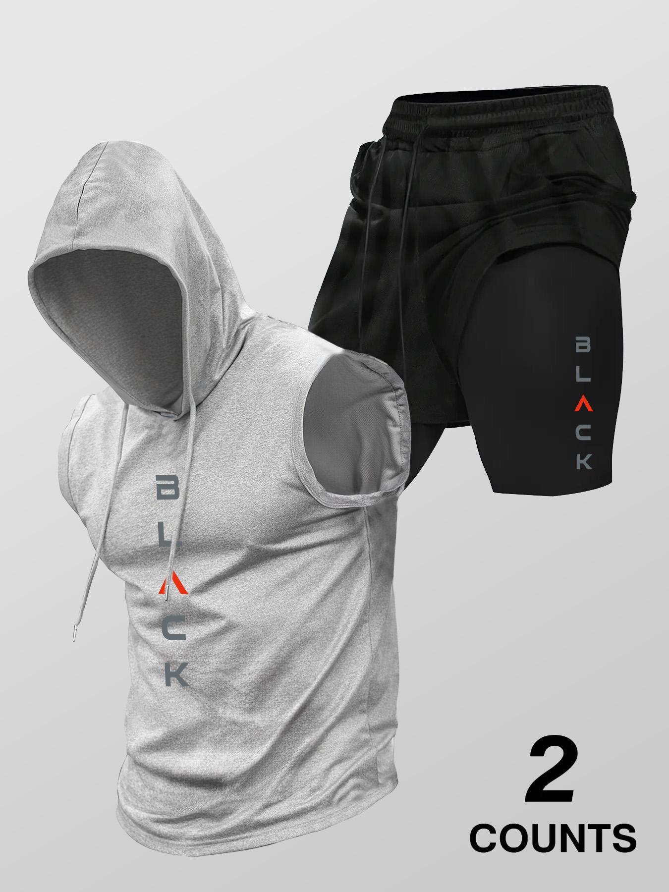 Two-Piece Set Men's Hooded Graphic Tank Top & Shorts Set, Regular Fit Casual Sleeveless Top & Shorts, Men's Clothing Set for Summer