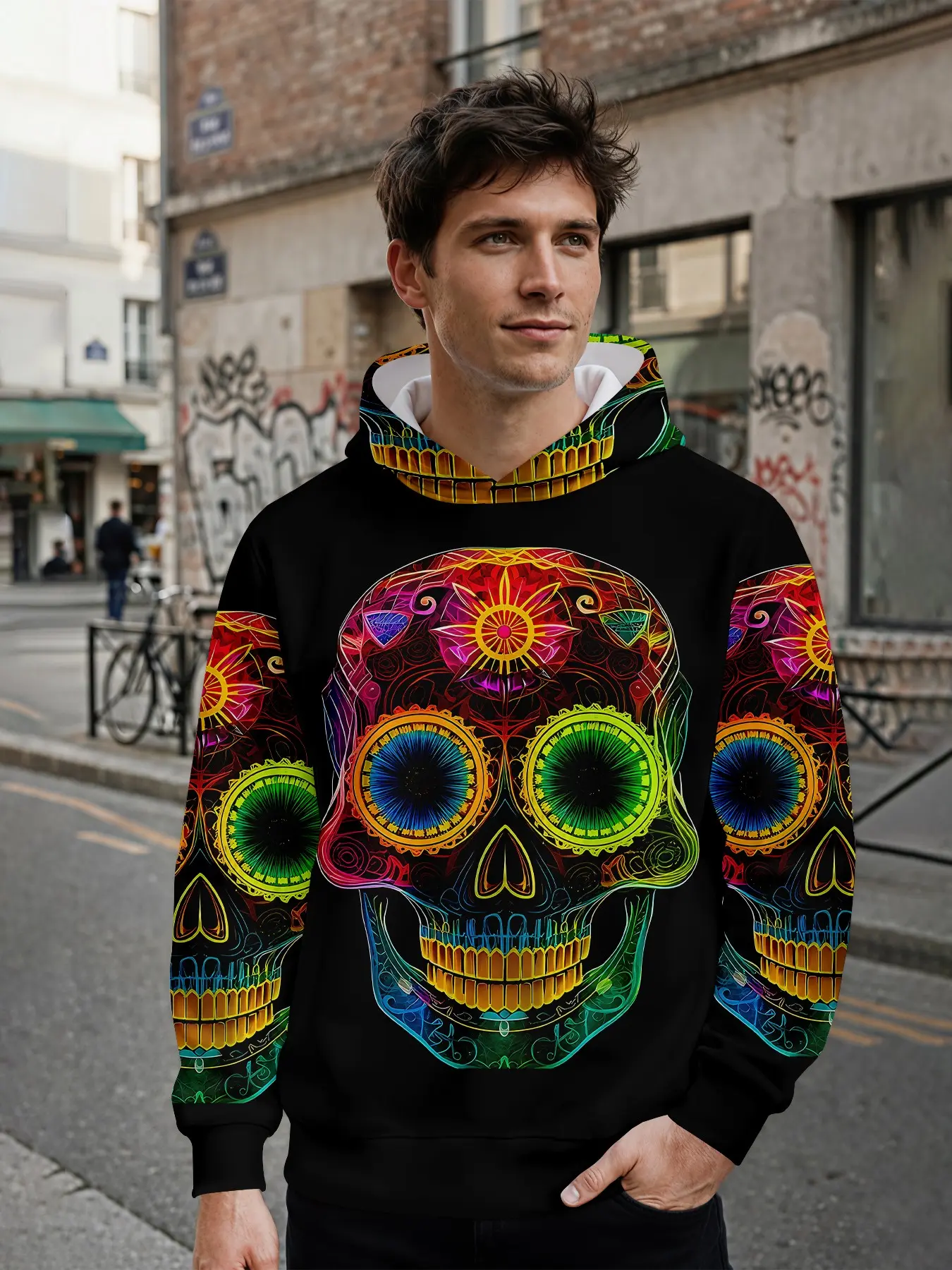 Men's 3D digital printed hoodie with neon bone pattern. Featuring all-over prints, it stands out perfectly for daily outings and music festivals, and is an ideal holiday gift for men.