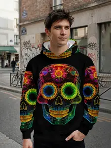 Men's 3D digital printed hoodie with neon bone pattern. Featuring all-over prints, it stands out perfectly for daily outings and music festivals, and is an ideal holiday gift for men.