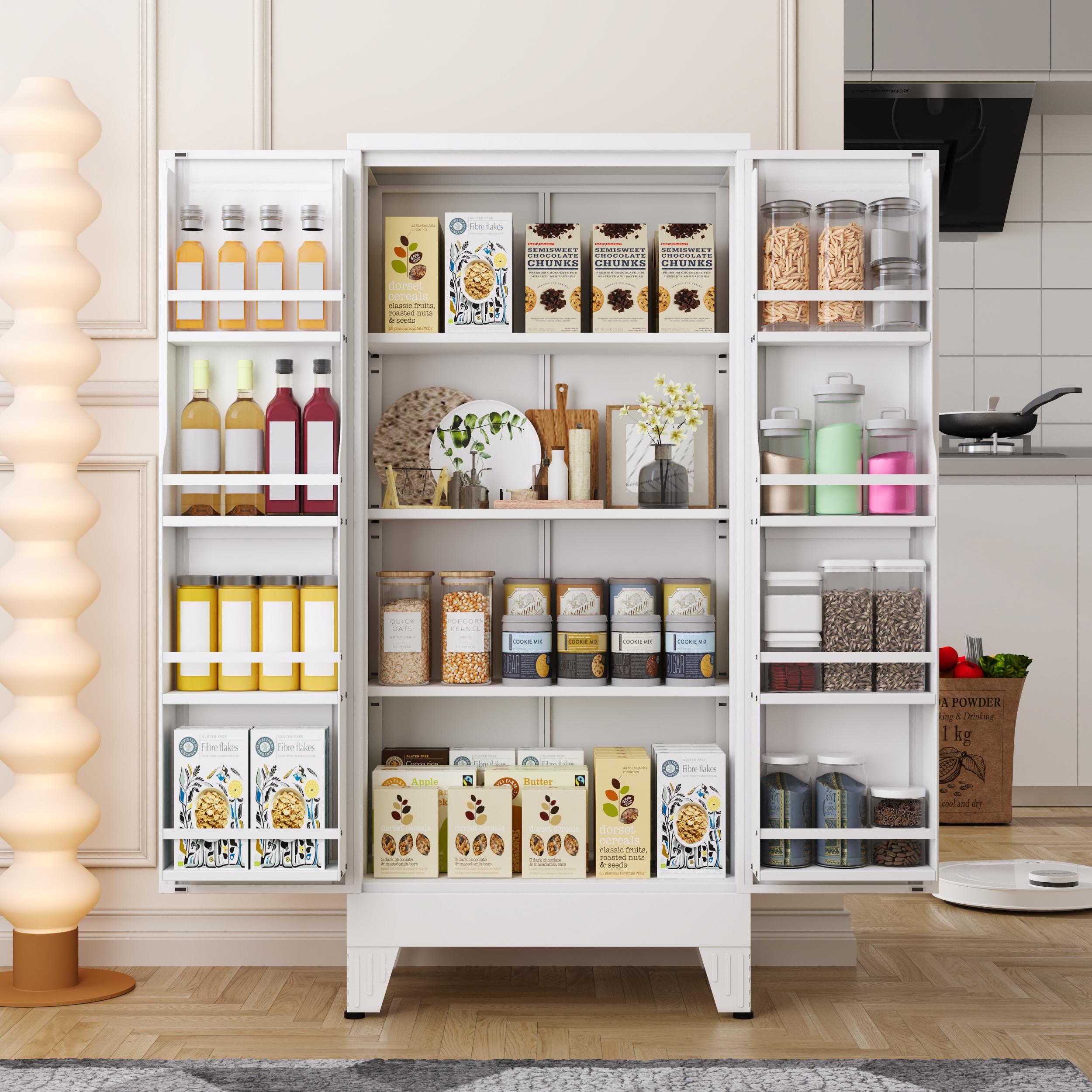 Metal Kitchen Pantry Cabinet,47.24“ Tall Storage Cabinet with 2 Doors, Cupboard with 8 Hanging Shelves and Adjustable Shelves for Kitchen, Dining Room mothersdaygift White Aesthetic