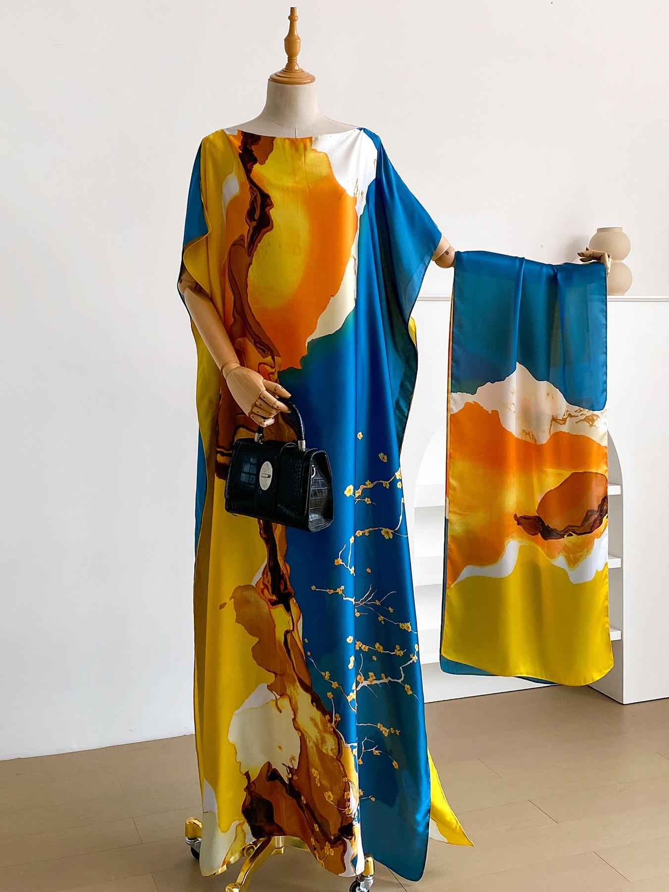 1 Piece Fashion Printed Robe Pullover Shawl moomoo Dress Long Wrap Silk Scarf Headband Ladies Womenswear Seaside Beach Sunshade Sunscreen Satin Silk Scarf