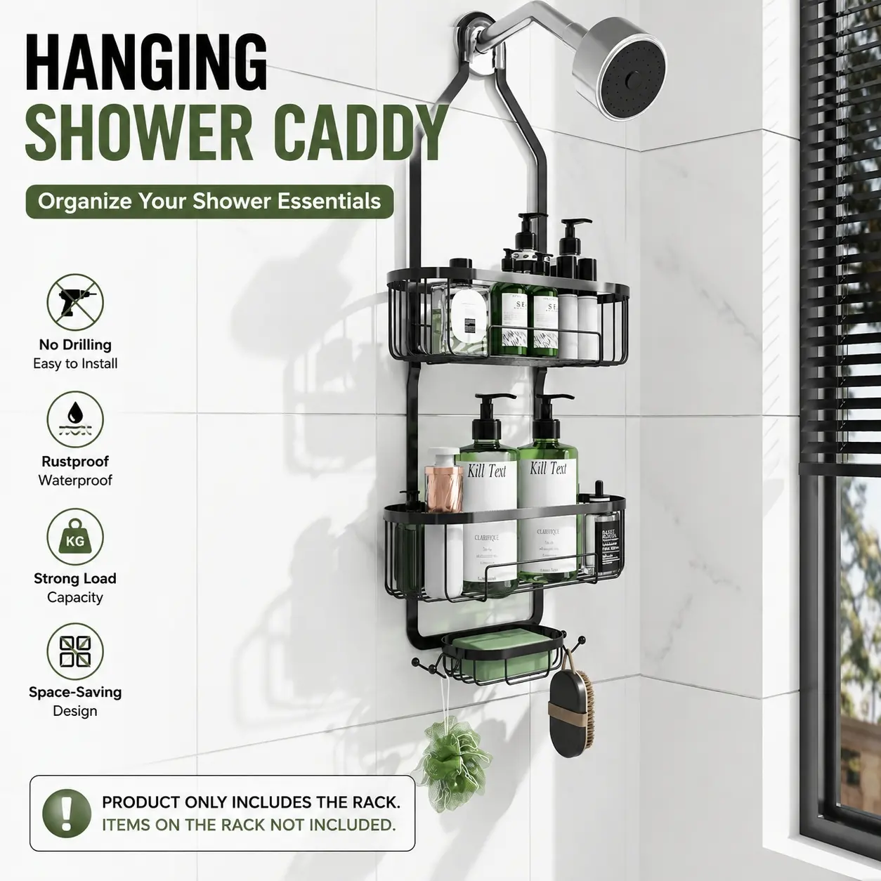 3-Tier Hanging Shower Caddy Organizer, No Drill Bathroom Shower Storage Rack with Towel Bar & Sponge Hooks, Removable Shampoo and Body Wash Holder, Space-Saving Shower Shelf for Bathroom