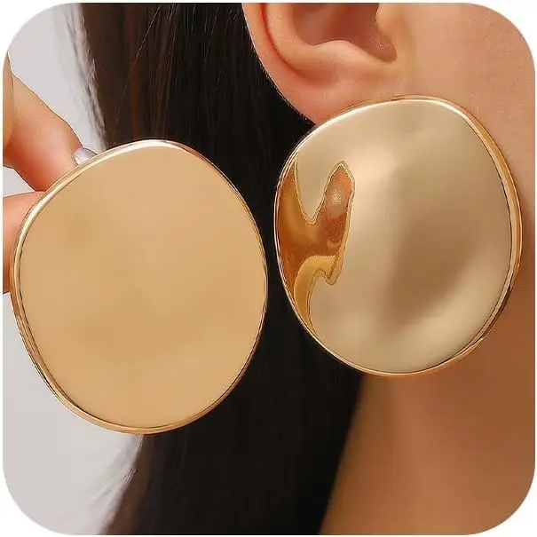Large Chunky Statement Stud Earrings for Women, Polished Irregular Geometric Circle Design, Lightweight Non-Tarnish Party Wear Jewelry, Circle Shape, Minimalist, Round, Synthetic