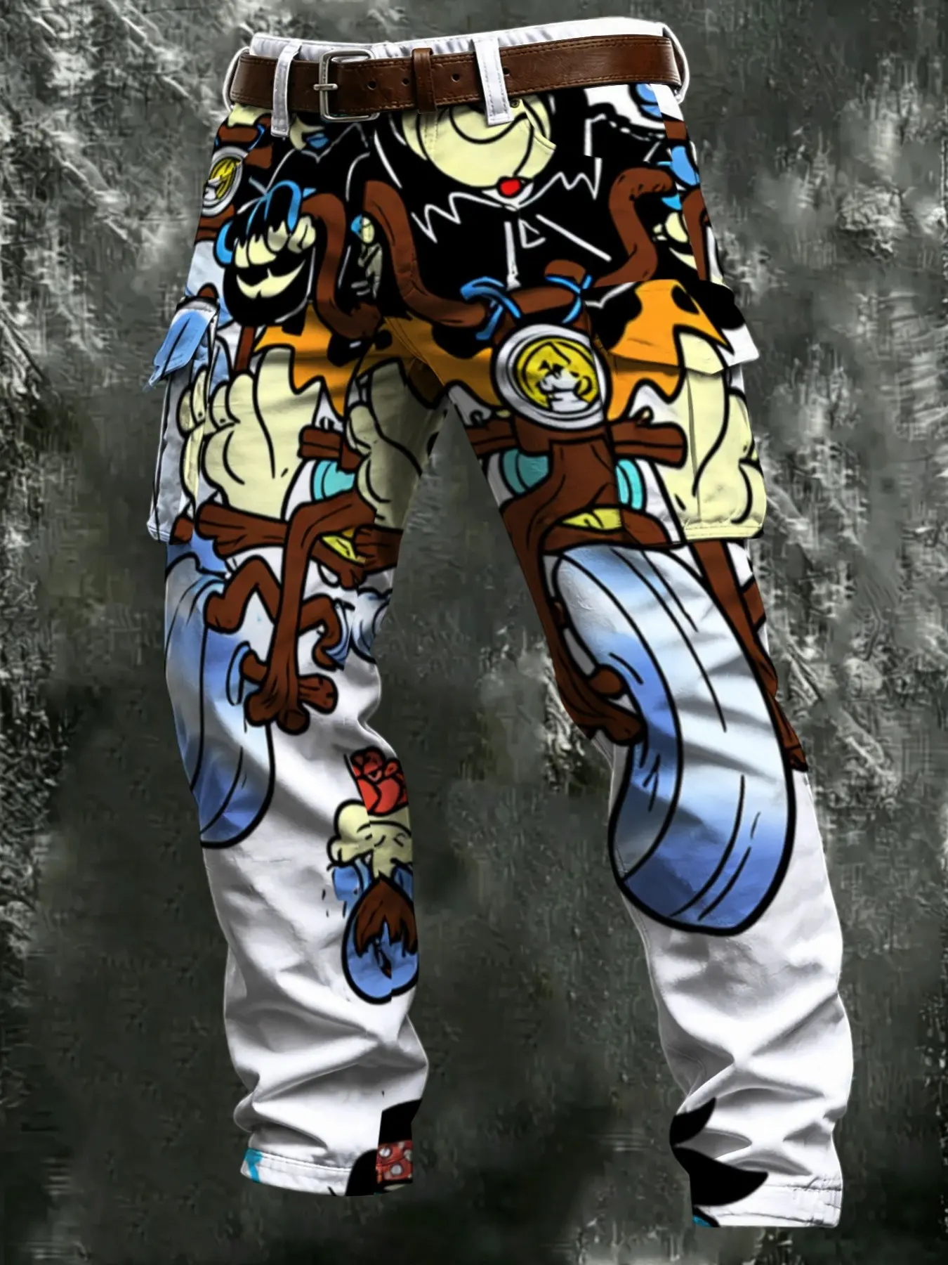 American Anime Cartoon Multi-Pocket Work Pants, High Flying Character Comic Dual Side Flap Pockets, Wide Leg Straight Fit Streetwear Long Trousers