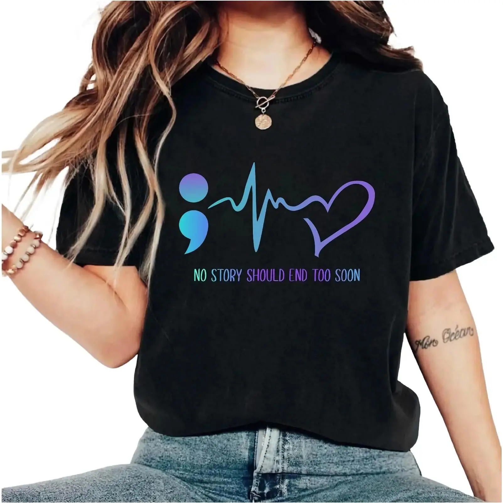No Story Should End Too Soon T-shirt, Suicide Prevention Awareness Shirt, Mental Health Week Girt Tee, Psychologist Short Sleeve, Therapist Appreciation Tee.,Men's,Regular,Fit Textured Knit Top,belle,princess,book tee,outdoor,casual,gra,bibl,,fall,clothes