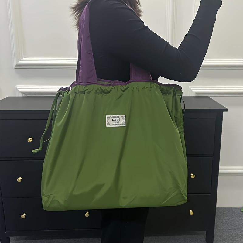 Chic Two-Tone Drawstring Shopping Bag - Foldable, Fixed Shoulder Strap, with Label Patch, Ideal for Daily Use, Large Capacity Bag