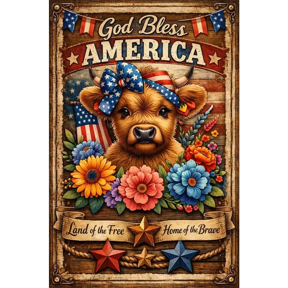5D Diamond Painting Kit God Bless America Cute Highland Cow with American Flag and Flowers DIY Crystal Rhinestone Art Craft Home Wall Decor Includes All Tools No Frame