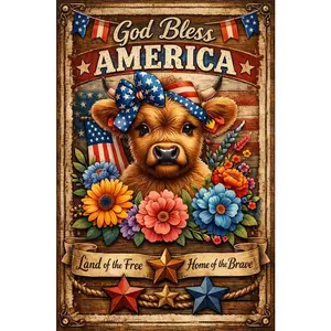 5D Diamond Painting Kit God Bless America Cute Highland Cow with American Flag and Flowers DIY Crystal Rhinestone Art Craft Home Wall Decor Includes All Tools No Frame