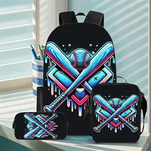 This 3-piece baseball-themed backpack set includes a lunch bag and pencil case, perfect for everyday carry. The backpack can also be used to organize school supplies and is suitable for travel.
