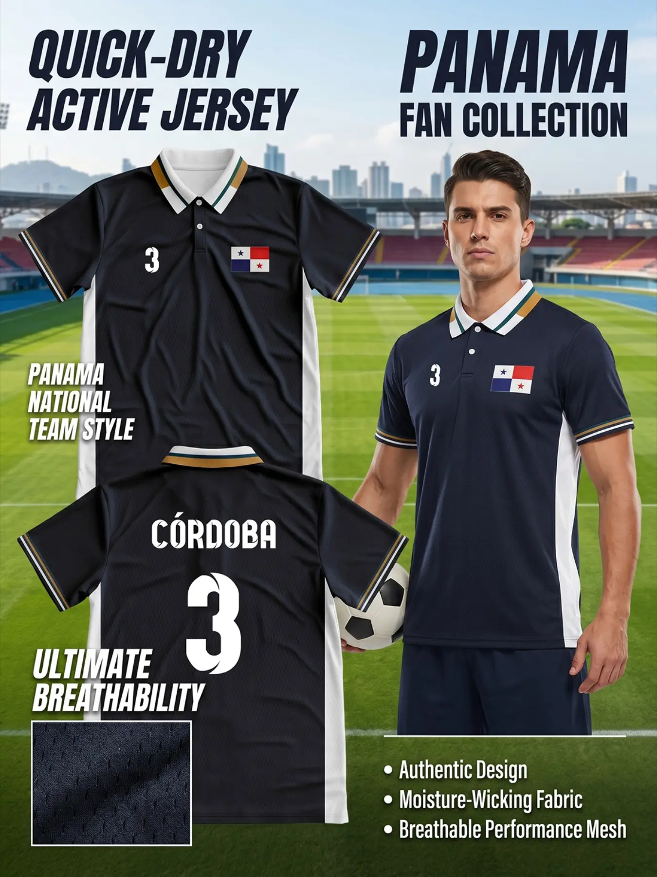 Panama National Team Style Soccer Jersey, Quick-Dry Breathable Mesh Polo Shirt, Flag Design, Training and Casual Wear, Durable Quality, Football Shirt, Sporty Sports Top