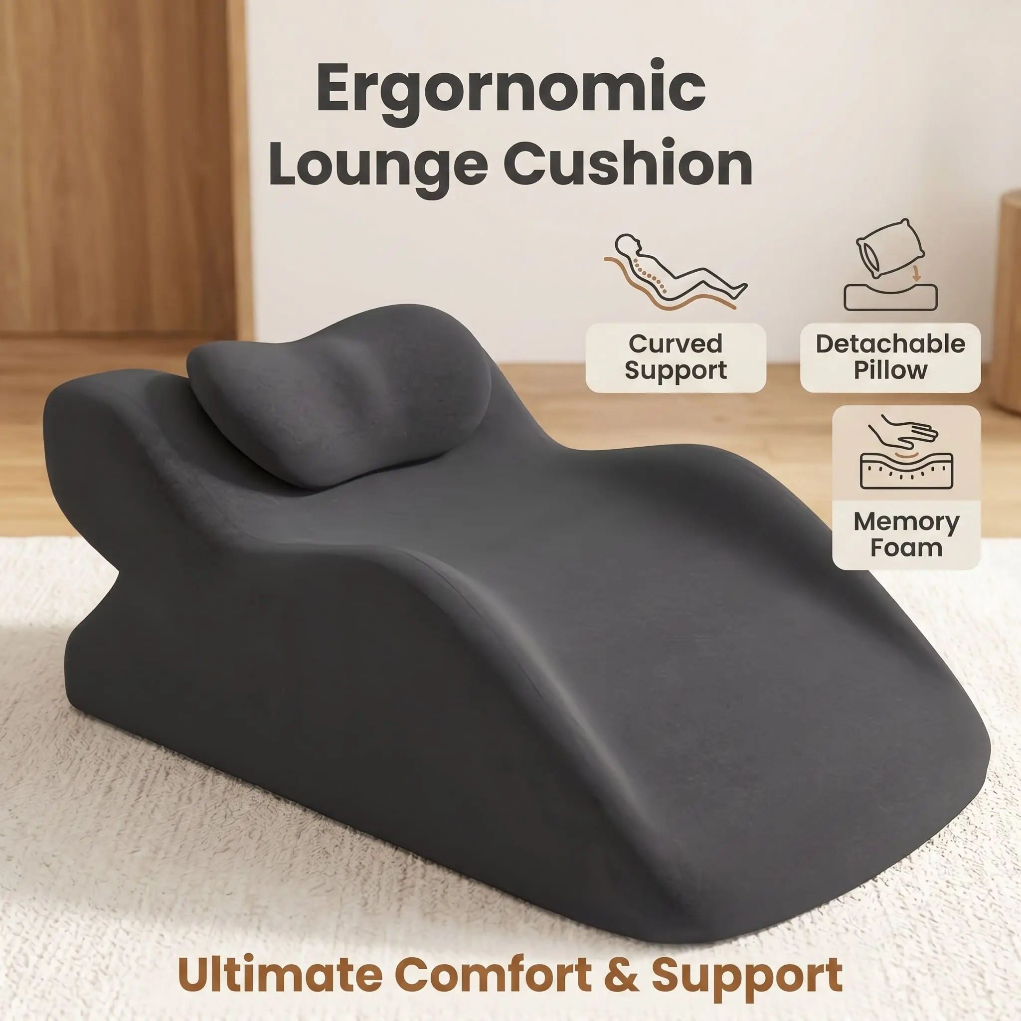 Ergonomic Memory Foam Slope Lounger Pad, Detachable Headrest, Soft Cushion for Bedroom Living Room Naps, Comfortable Back Support