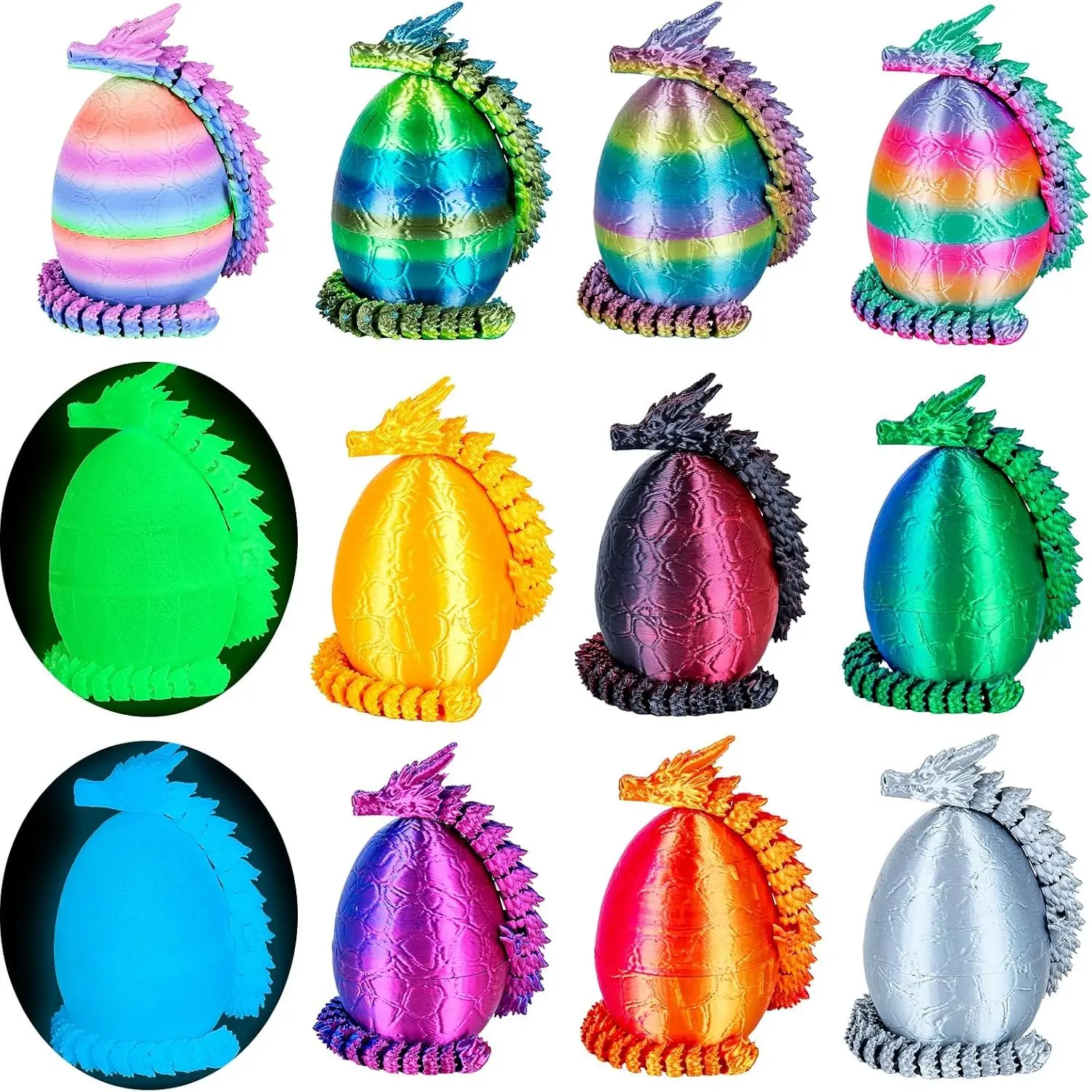 12Pcs 3D Printed Dragon Eggs with Articulated Dragon Inside, 8.86in Flexible Mystery Toy Set, Cool Fidget Toys for Kids, Fantasy Home Decor, Holiday Gift