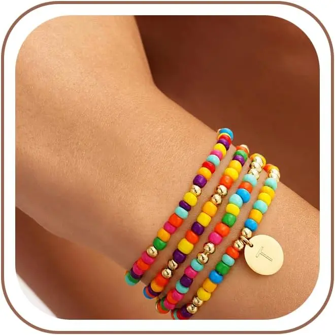 Fashion  -Daughters Sons 4 count Colorful Beaded Initial A-Z Bracelets for Women, Fade-Resistant Cute Stretch Heart Letter Bracelet Initial Trendy Stuff Cute Stackable Bracelet  for Daughters