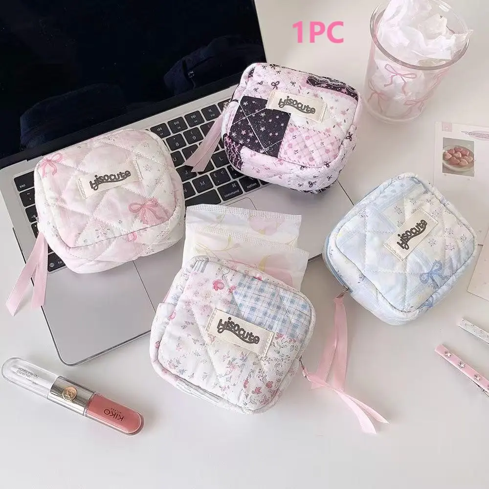 Style Quilted Small Square Bag, Large Capacity Bow Makeup Bag, Portable Outdoor Coin Purse, Sanitary Pad Storage Bag
