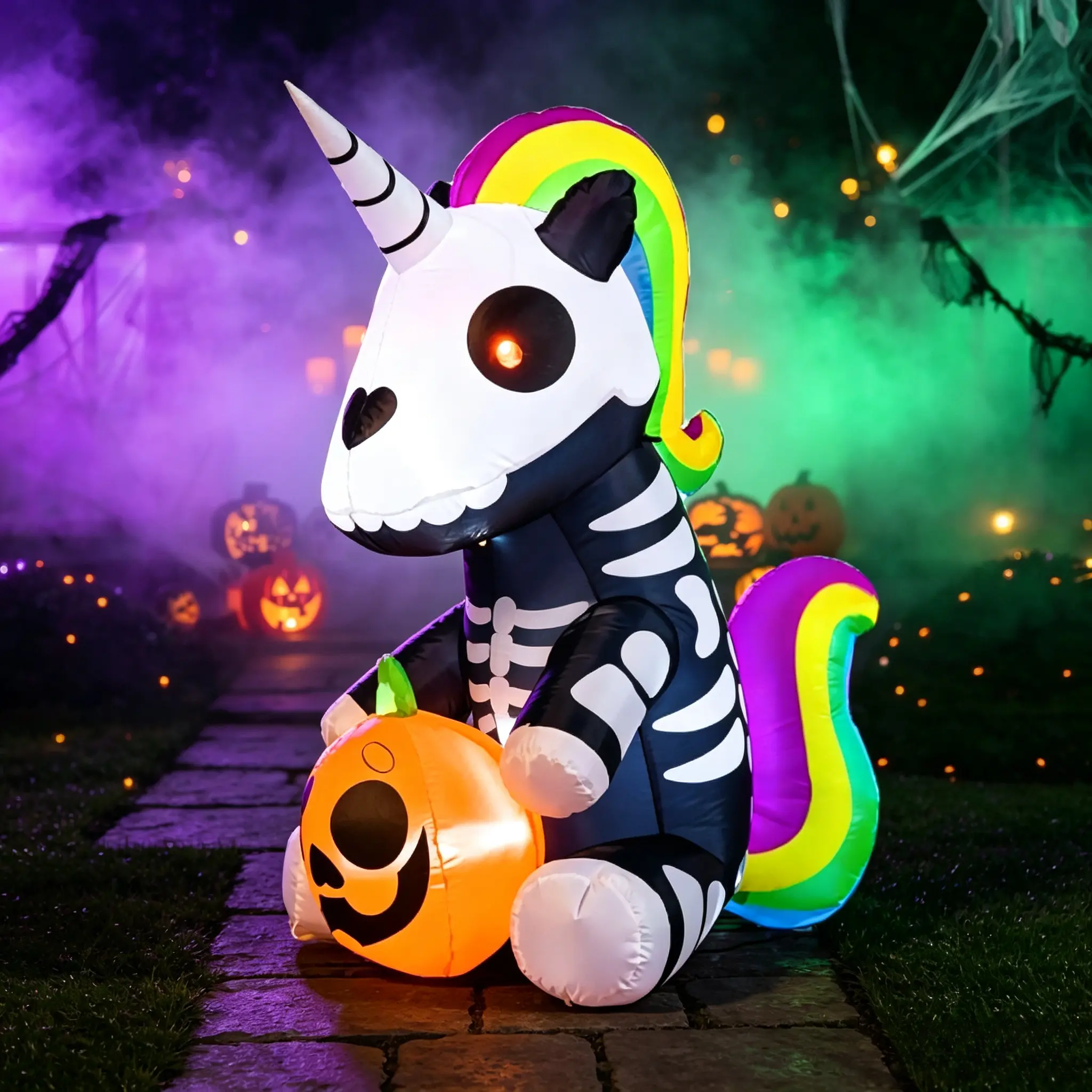5 FT Waterproof Halloween Inflatable Sitting Skeleton Unicorn with LEDs, Lightweight Outdoor Yard USB Mobile Light Decor Ornament, Water Proof