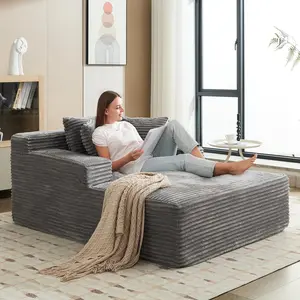 Garvee 50" Oversized Chaise Lounge Indoor Boneless Couch with 3 Pillows, Corduroy Sofa Bed, Comfortable Sleeper Chair for Living Room, Bedroom, or Reading Area, No Assembly Needed, Grey
