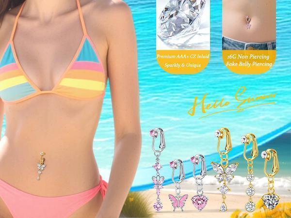 FringeFlutter Non-Piercing Belly Button Ring Clip-On | Sparkling Crystal Butterfly & Heart Navel Ring for Party & Gift