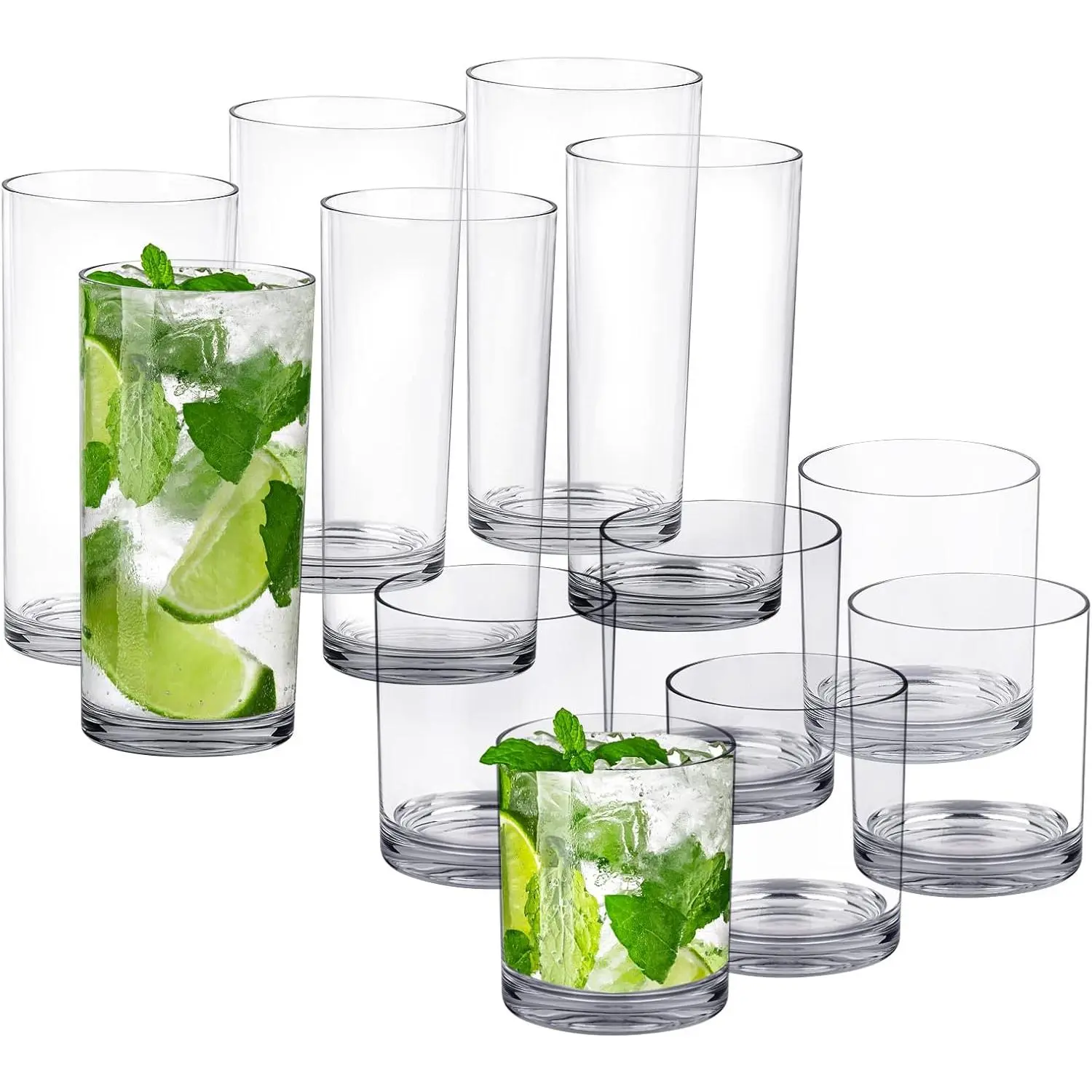 12 Pack Plastic cups, Clear Tumblers, 6 each: 12 ounce and 16 ounce Water Drinking Cups,  Drinking Glasses Set