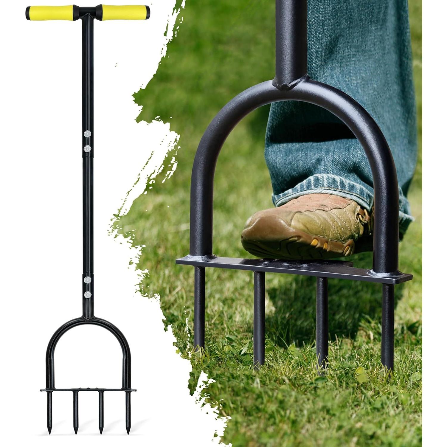 Heavy-Duty Lawn Aerator Tool Designed for Compacted Soil, Featuring a Manual Operation And a Wide Foot Plate for Effective Aeration