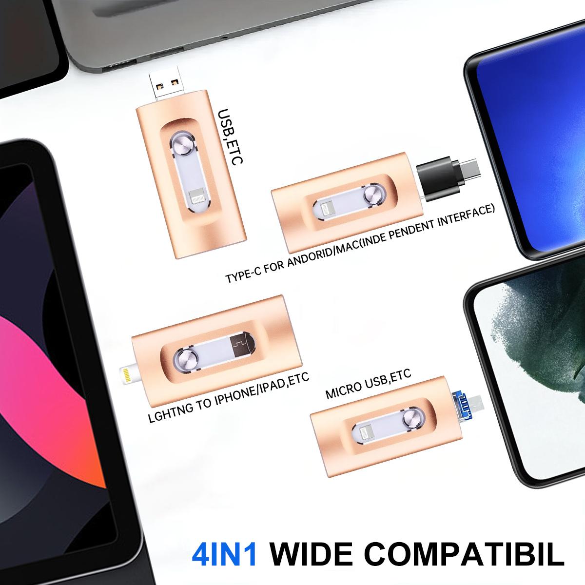 4-in-1 Flash Drive MFi Certified 128GB/64GB Portable USB OTG Memory Stick for iPhone iOS Android PC with Type-C Adapter High-Speed Data Transfer