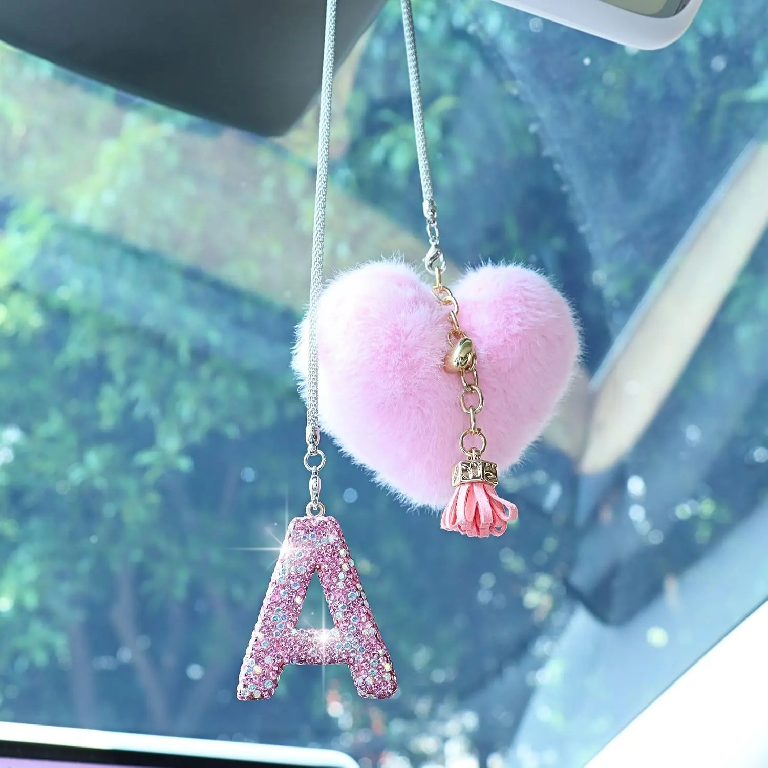 Bling   Accessories for Women Letter Charm, Rainbow Color Rear View Mirror Cute  Pendant  Decorations, Lucky Gifts  Rhinestone Charm Interior(A, Tassel Heart)