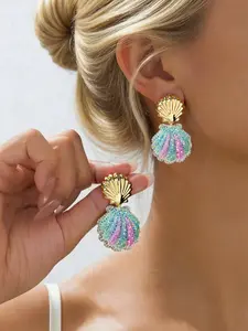 2pcs Mermaid Style Shell Glitter Earrings, Shimmering Resin Pendant, Beach & Summer Earrings, Mermaidcore Fashion Jewelry