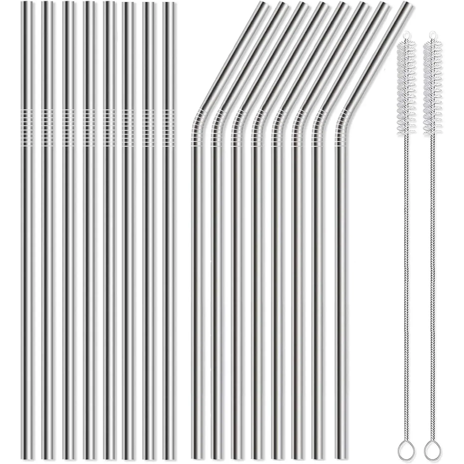 16 Pack of  Stainless Steel Metal Straws, 8 Straight + 8 Bent 8.5 Inch Metal Straws with 2 Cleaning Brushes Dishwasher Safe