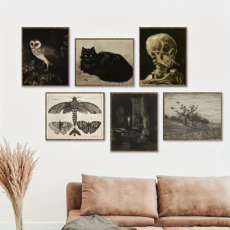 6PCS/Set Vintage Canvas Poster Moody Halloween Gothic Witchy Aesthetic Goth Spooky Gallery Wall Decor Black Cat Poster, Vintage Skeletons Owl Poster, Dark Academia Decoration Wall Pictures For Living Room Home Decor, Unframed