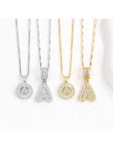 26 Letters Baguette CZ Initial Pendant Necklace, 18K Gold Plated Halo Circle & 3D Iced Out Alphabet Charm Necklace for Women, Luxury Statement Jewelry for Daily Party Birthday Gift