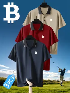 Men's Quick-Dry Polo Shirt Set, Bitcoin Logo Print, Breathable & Comfortable, Sporty Style, All-Season Wear, High-Quality Fabric