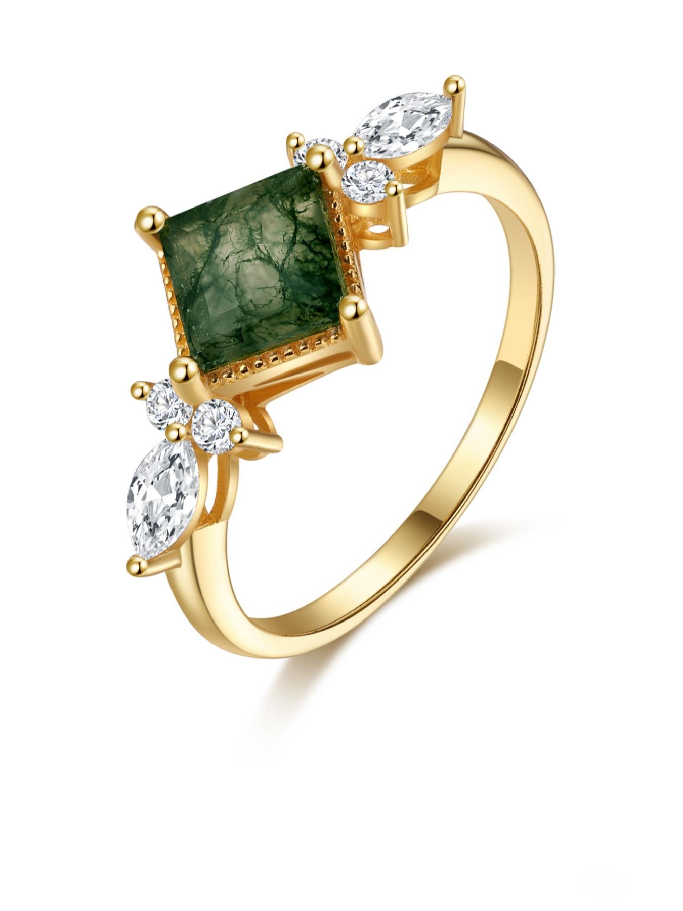 S925 Sterling Silver Elegant Square Shaped Green Moss Agate Decorated Ring, Exquisite Trendy Ring, Fashionable Jewelry Accessories for Women & Girls, Elegant Fashion Rings