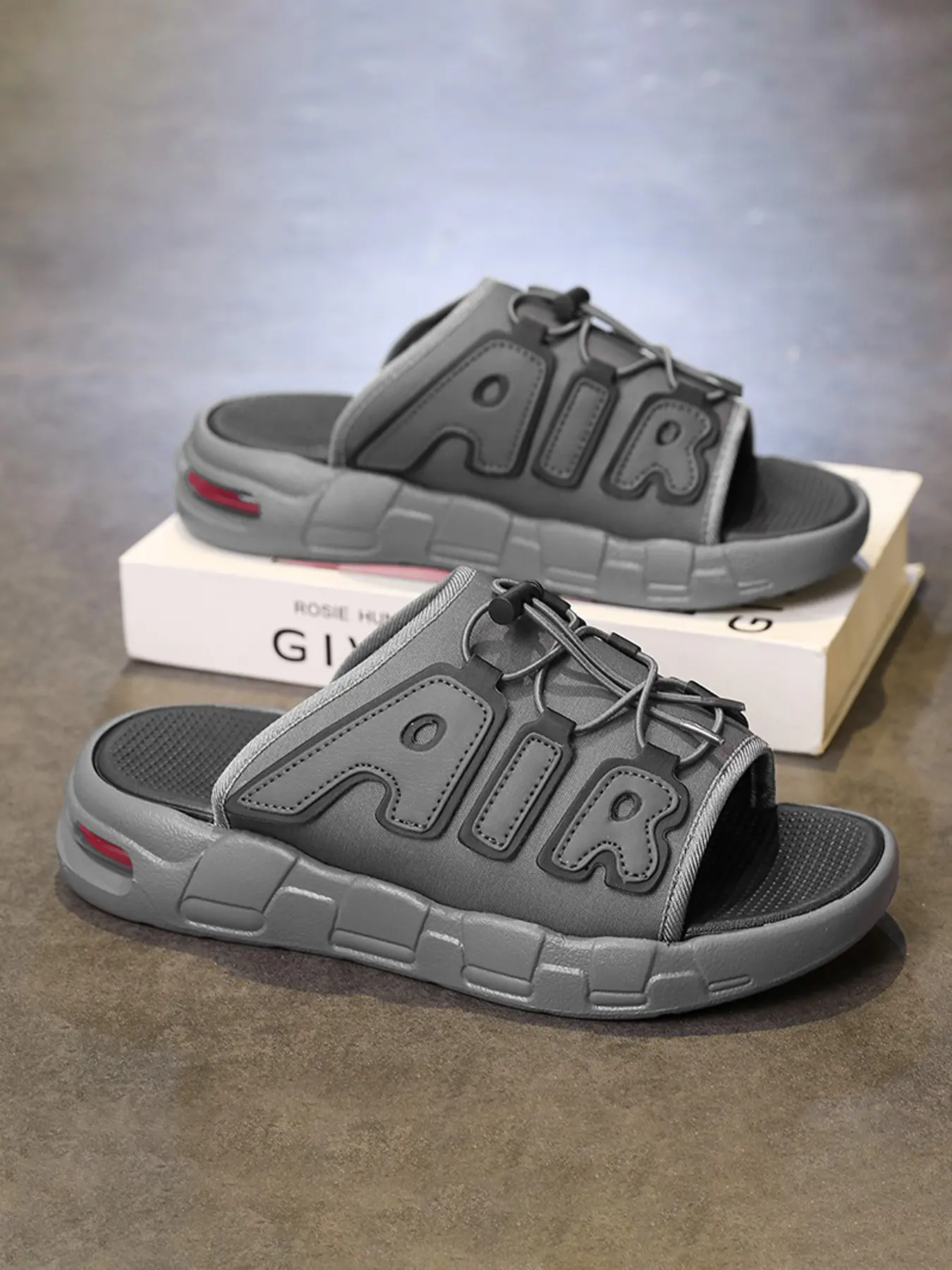 Men Cushion Slide Sandals, Adjustable Drawstring Open Toe Slippers, Thick Shock Absorbing Sole, Fashion Letter Decor Soft Footbed, Casual Slip-on Footwear For Beach Shower Pool Street Outdoor Home Summer Daily Wear