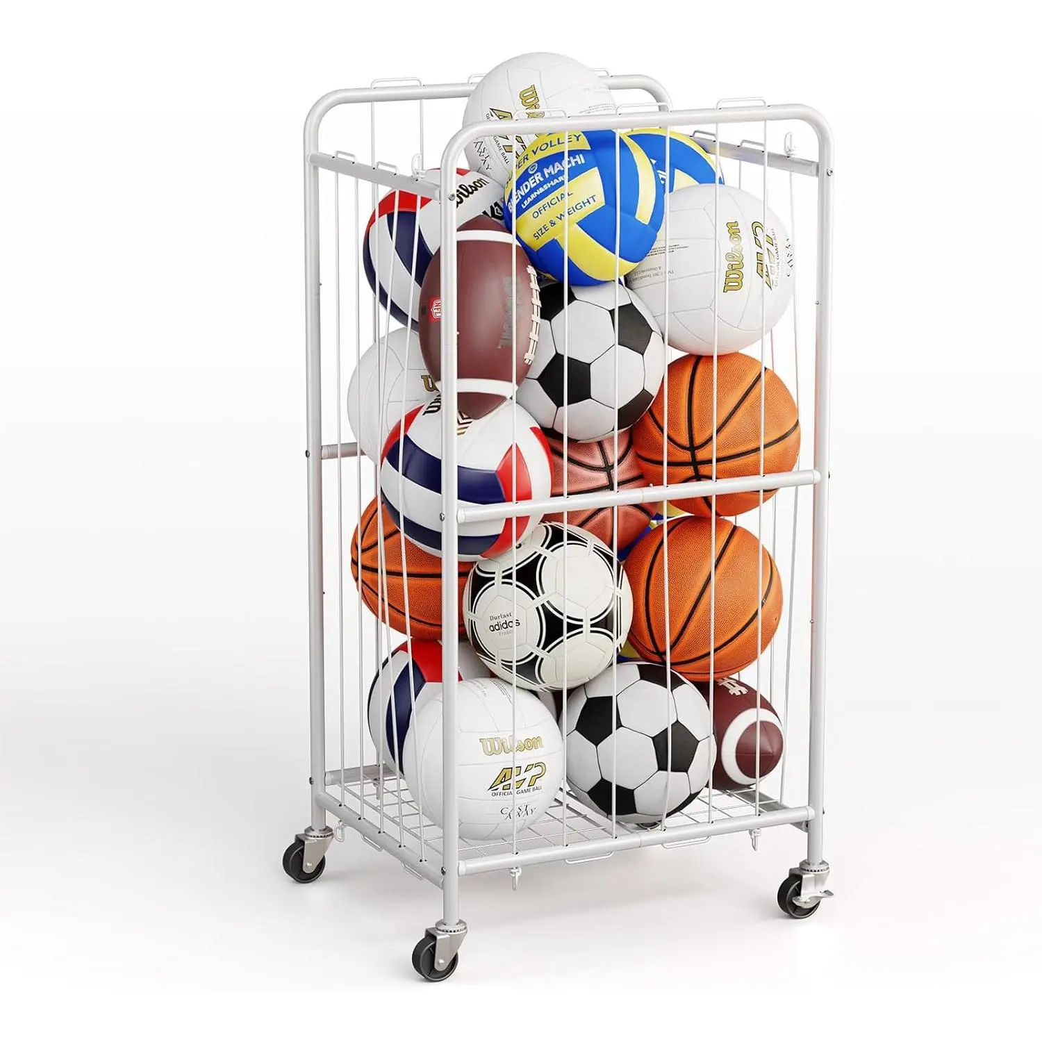 43-Inch Large Ball Storage Basket on Wheels, Rolling Cart Sports Equipment Organizer with Elastic Rope, Holder for Basketball Soccer Volleyball Football, Garage Home Storage Solution