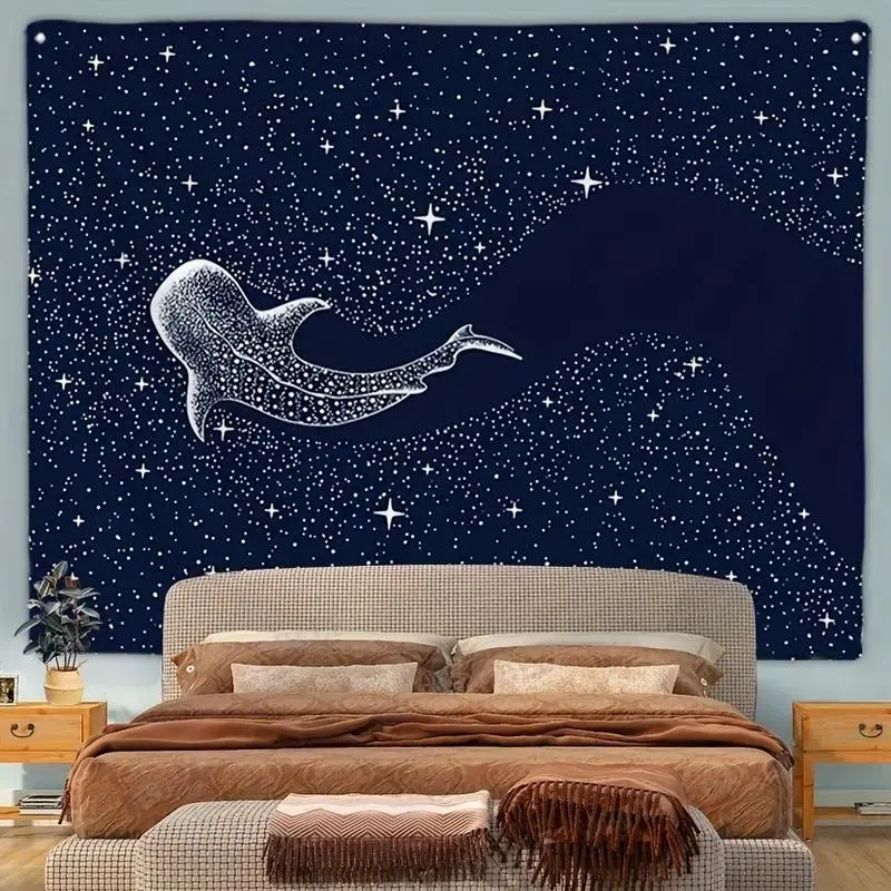Ocean Animal Blue Whale Print Tapestry,  Polyester Wall Hanging for Living Room, Bedroom Decor, Backdrop Tapestry, Horizontal Orientation, Knitted Peach Skin Velvet Fabric, Island, Sofa, Background Wall Home Art Decoration