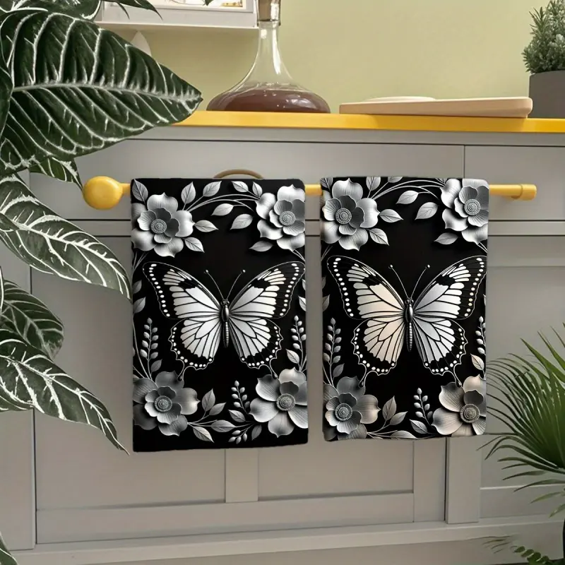 Two towels per pack, single-sided printed, rectangular (15.75 x 23.62 inches), black and white 2D butterfly illustration, soft, comfortable, durable, and odorless, suitable for sports competitions, sports fields, homes, and schools.