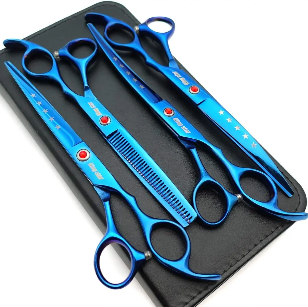 KINGSTAR 7.0in Titanium Blue Professional Pet Grooming Scissors Set,Straight & Thinning & Curved Scissors 4pcs Set for Dog Grooming
