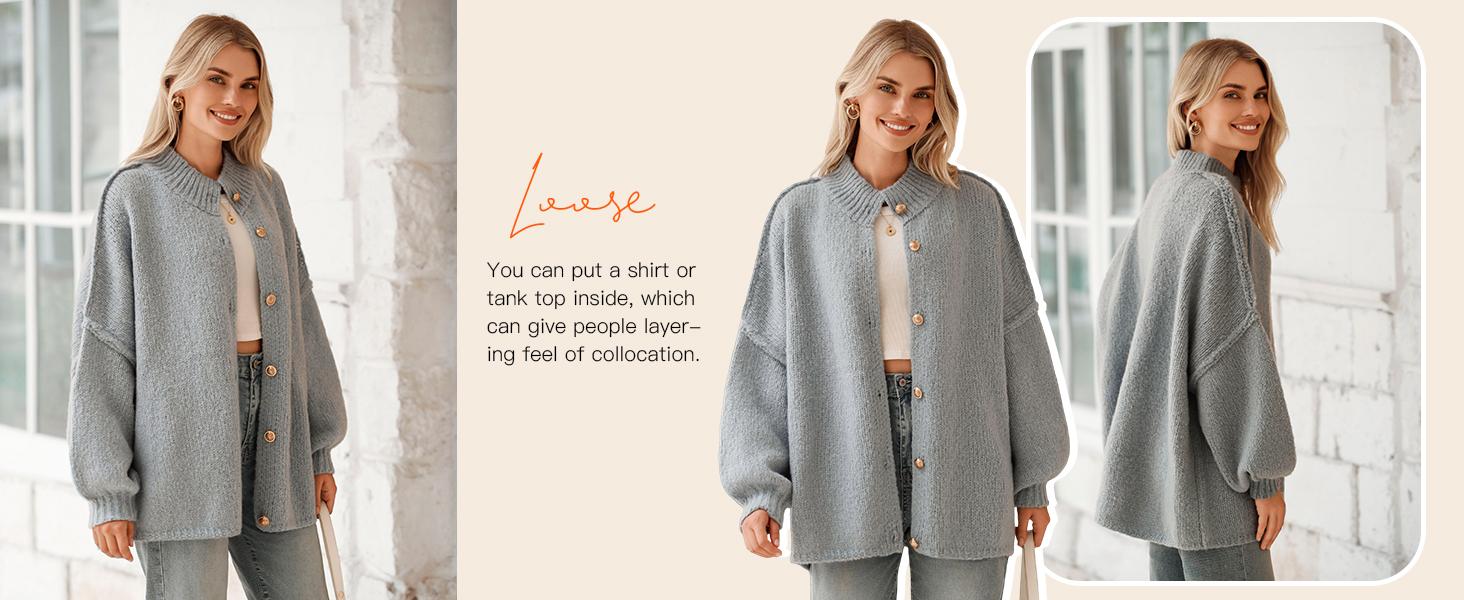 Saodimallsu Womens Oversized Cardigans Long Lantern Sleeve Button Down Chunky Knit Loose Fall Sweater Coats