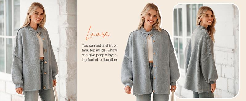 Saodimallsu Womens Oversized Cardigans Long Lantern Sleeve Button Down Chunky Knit Loose Fall Sweater Coats