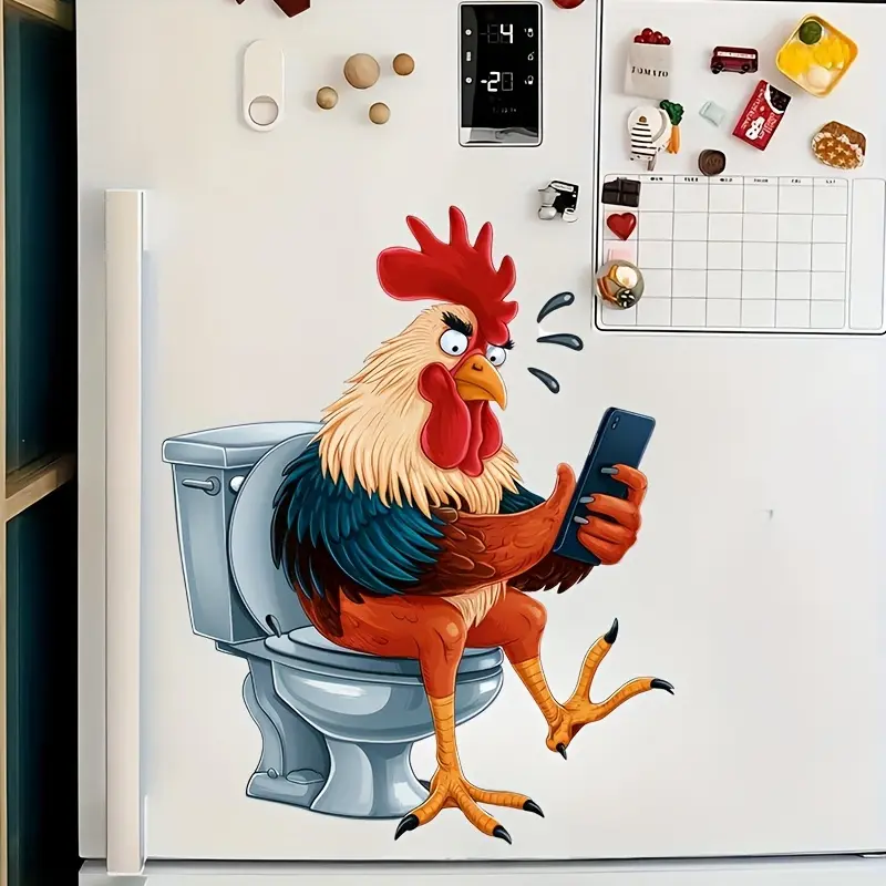 Funny self-adhesive rooster toilet sticker - self-adhesive peel off bathroom sticker with a rooster holding a smartphone and crystal like eyes, durable vinyl suitable for ceramics/toilets/walls, white striped hen design Christmas window sticker