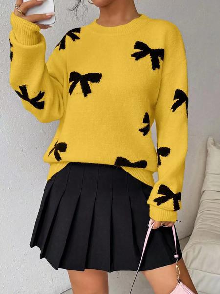 Fashion Bow Print Casual Loose Knitted Sweater Pullover Autumn/Winter Women Pullovers New Full Sleeve Knitwear